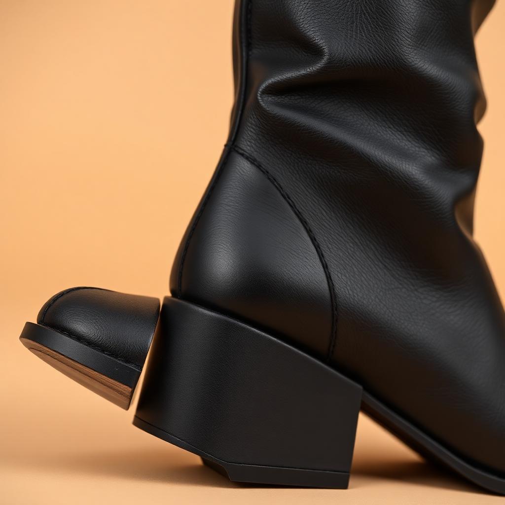 Detalhe em close do salto bloco e couro slouchy da Bota Mississipi J0831