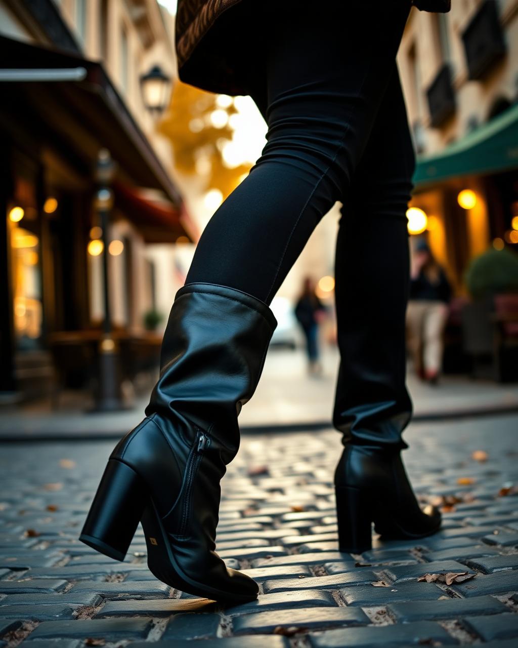 Modelo caminhando por rua de calçada com a Bota Mississipi J0831 preta cano médio slouchy
