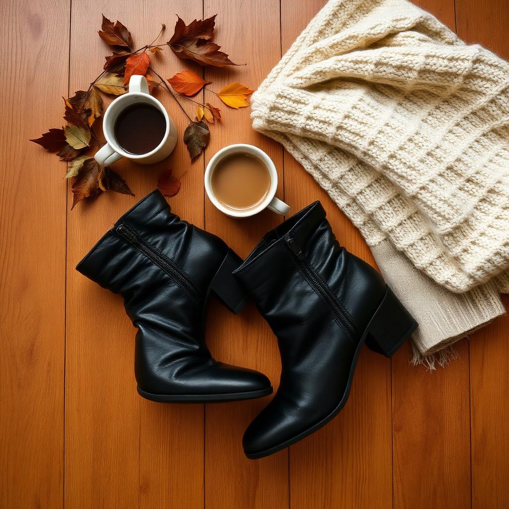 Bota Mississipi J0831 preta ao lado de blusa de tricô e café em ambiente aconchegante